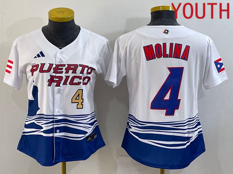 Youth 2023 World Cub Puerto Rico #4 Molina White MLB Jersey3->youth mlb jersey->Youth Jersey